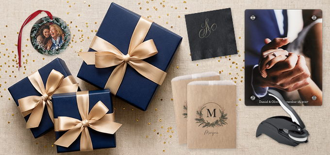 Personalized gifts including custom wall art, full-color ornaments, and personalized coasters